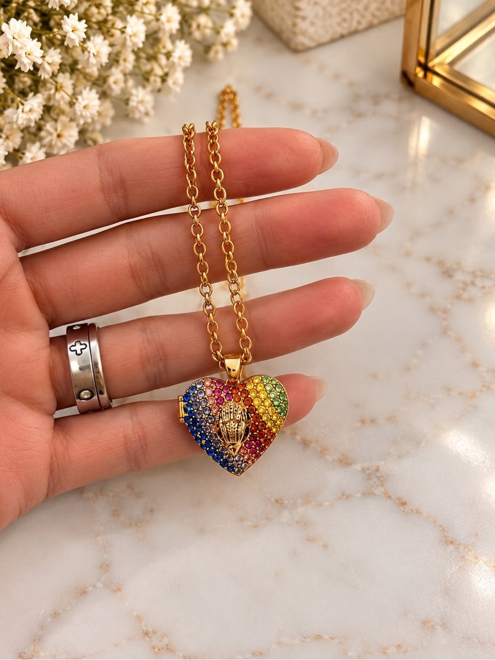 Kurt Geiger Rainbow Crystal Heart Locket Necklace Gold Tone Pendant Chain
